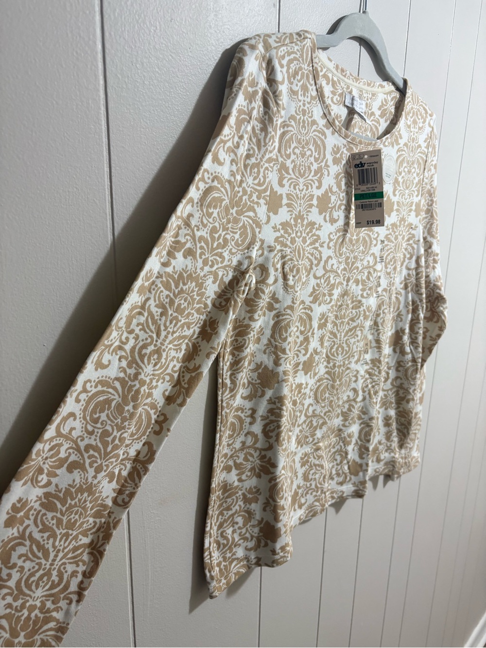 Charter Club Cream and Tan Decorative Print Long-Sleeve Top